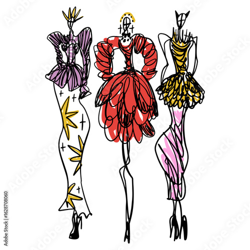 Fast Fashion Sketches Elegant Dress Silhouettes Hand Drawn Style Color Fashion Show Week Clipart