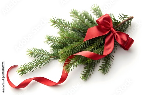 Christmas Pine Branch with Red Ribbon Bow Isolated on White Background – Festive Holiday Decoration for Winter Celebration and Design
