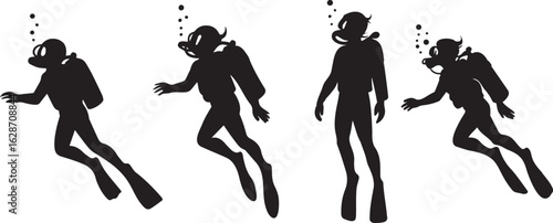Scuba Divers Silhouette Set | Underwater Motion & Exploration Vector Pack