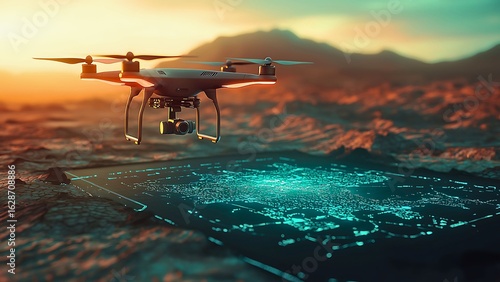 Wallpaper Mural A drone flies over an illuminated cityscape at sunset, capturing stunning aerial footage. The scene showcases modern technology against a beautiful backdrop Torontodigital.ca