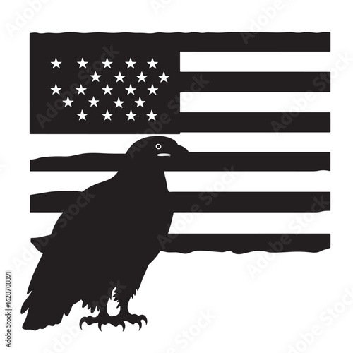 A majestic bald eagle perches stoically on a bare tree branch silhouette, isolated