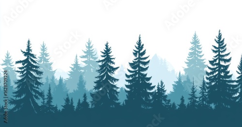 An evergreen forest's isolated pine tree and a park alley's Christmas tree are the focus of a modern illustration that highlights a landscape of trees standing alone