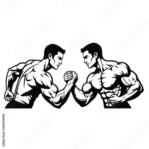 Vector art of two muscular men arm wrestling isolated on white background