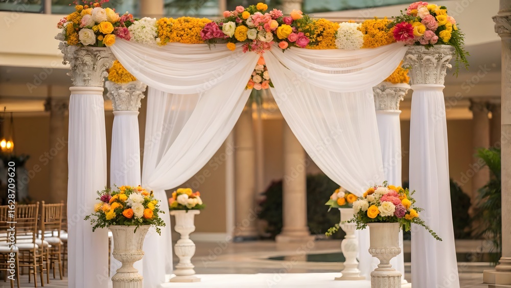 Fototapeta premium Elegant wedding chuppah decorated with white drapes and colorful flowers