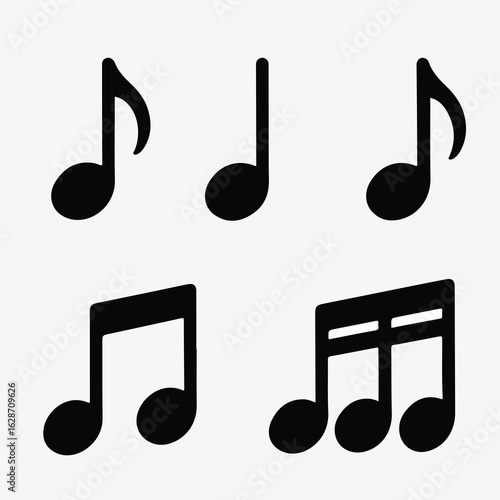 Black Music Note Icon Set – Solid Flat Musical Symbols Collection for Audio Apps, Sheet Music, Sound Design, and Educational Use