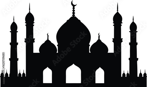 Islamic Mosque Silhouette with Crescent Moon and Tall Minarets  Ramadan & Eid Vector Illustration new 2025 trendy silhouette