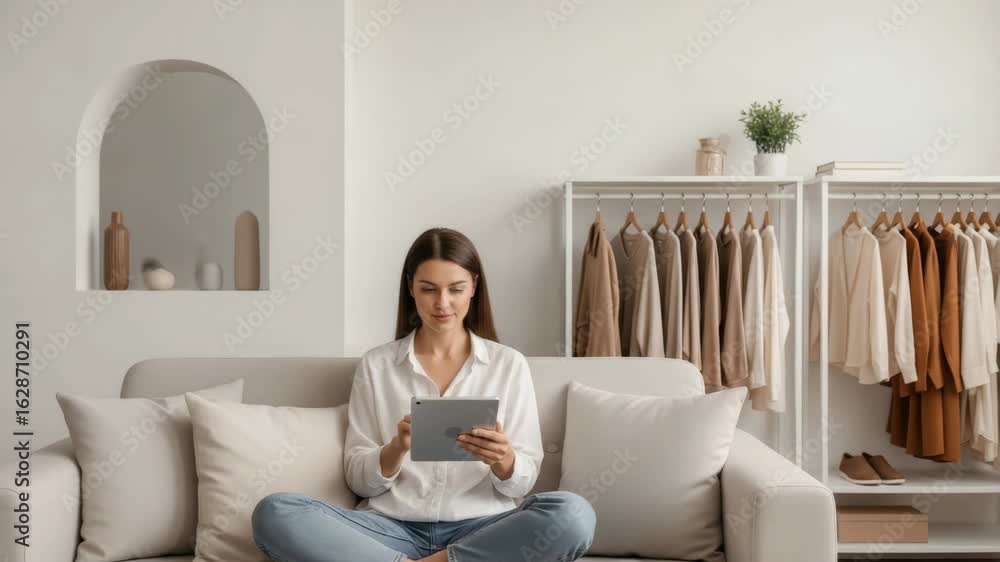 A young woman sitting comfortably on a couch in a modern living room using a tablet while surrounded by stylish clothing on hangers creating a cozy and inviting atmosphere A young woman sitting comfortably on a couch in a modern living room using a tablet while surrounded by stylish clothing on hangers creating a cozy and inviting atmosphere