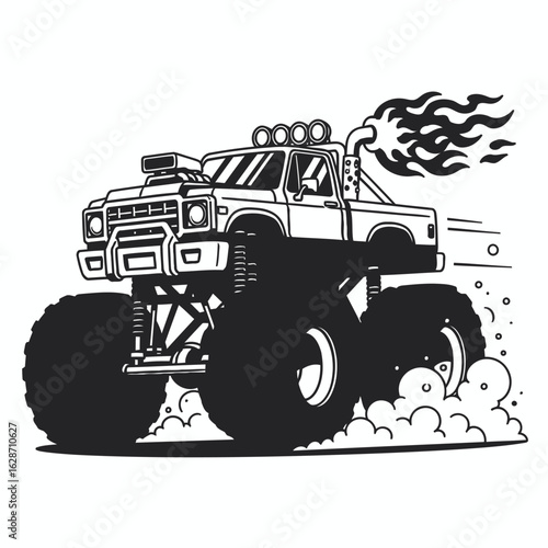 Vector art of monster truck with fire exhaust and big tires