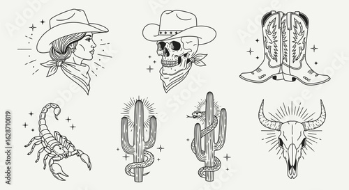 Vector art of western cowboy and cowgirl tattoo style illustration set