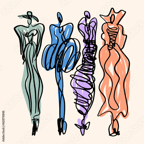 Fast Fashion Sketches Elegant Dress Silhouettes Hand Drawn Style Color Fashion Show Week Clipart