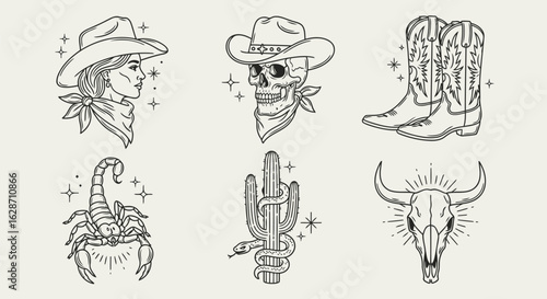 Vector art of western cowboy and cowgirl tattoo style illustration set