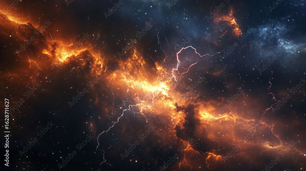 Naklejka premium A breathtaking cosmic storm with lightning bolts in deep space