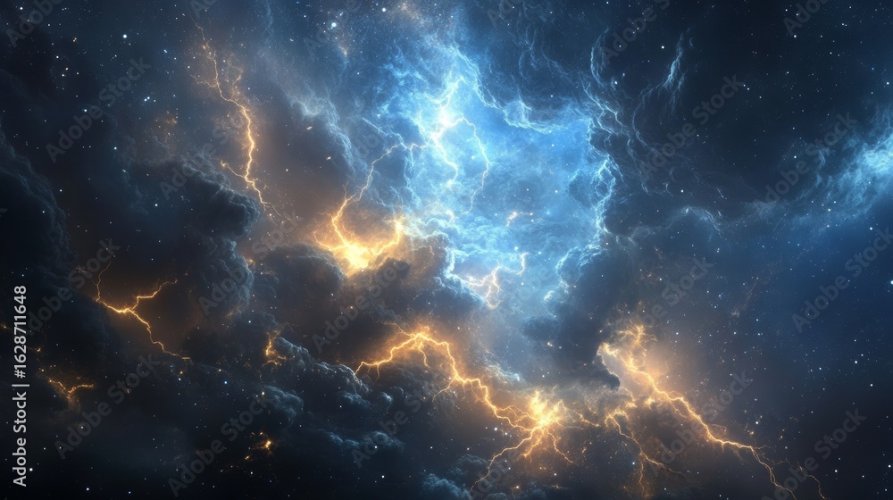 Fototapeta premium A breathtaking cosmic storm with lightning bolts in deep space 