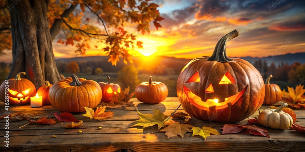 Fototapeta premium Scenic halloween landscape with jackolanterns on a wooden table during a vibrant sunset in autumn