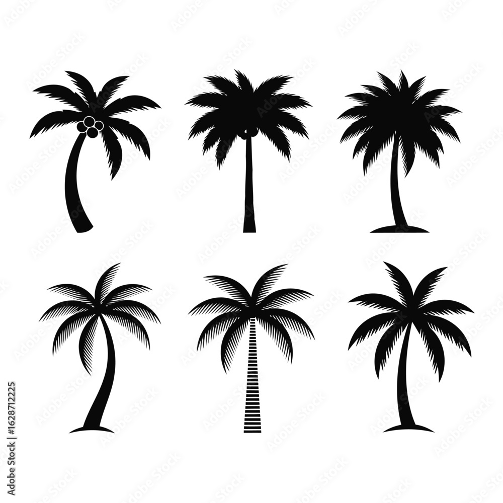 Obraz premium Vector art of collection of six black palm tree silhouettes isolated on white background