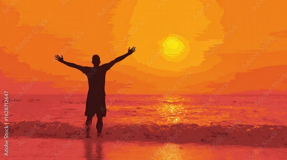 Fototapeta premium happy man on the sunrise in the beach travel and emotion concept no logos no brands ar 169