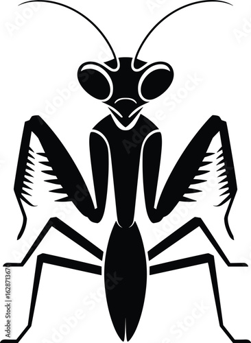 Detailed black and white praying mantis illustration, insect art, nature, wildlife, entomology, vector graphic, silhouette design
