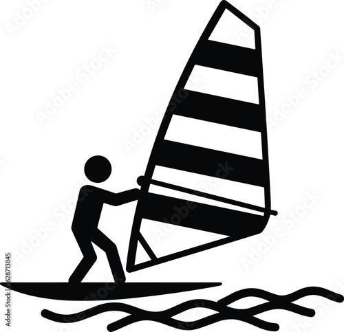 Dynamic windsurfing silhouette, ocean waves, water sports adventure, outdoor activity, sailing board, sea sport, recreation theme