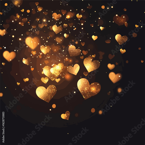 Heart-shaped golden bokeh on red background