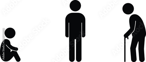 Human life stages, child silhouette, adult figure, elderly person, aging process, growth journey, development concept, health education, generational change, vector illustration