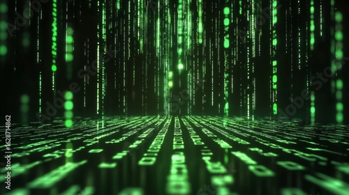 A neon green digital matrix code falling against a dark background