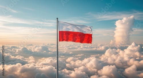 Poland National Flag Waving on Tall Flagpole in Sky with Clouds – Poland Independence Day Celebration, Patriotism, Freedom, Poland Culture & Heritage