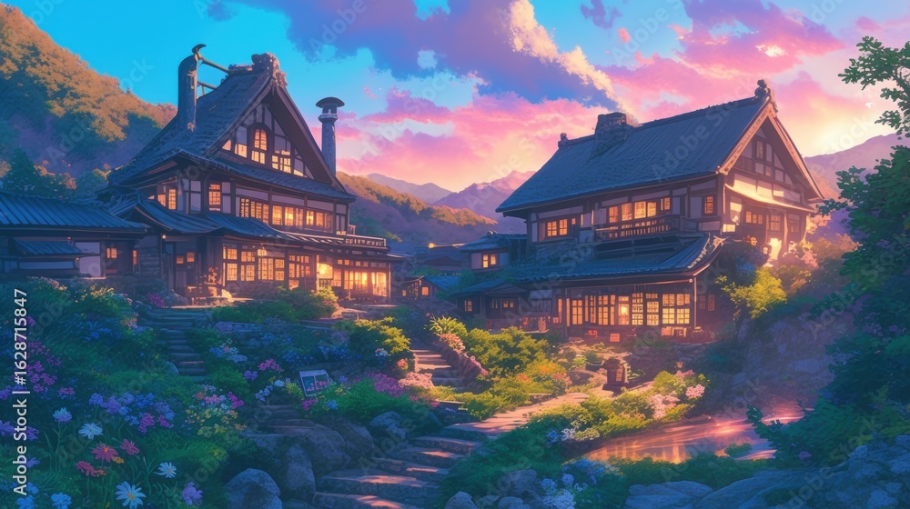 Obraz premium Serene traditional house nestled in a picturesque valley at sunset.