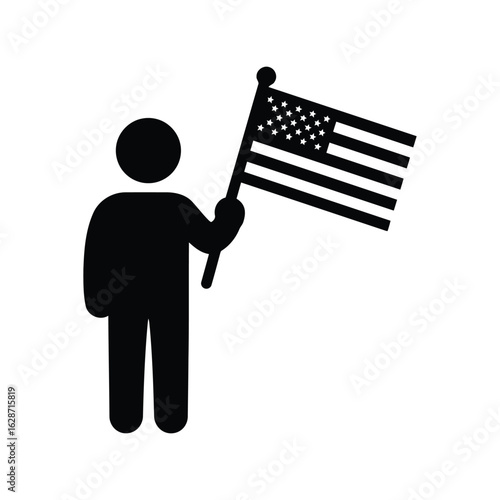 Silhouette of a person holding the american flag isolated on white background