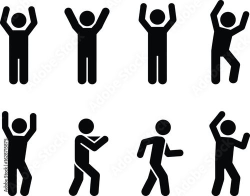 Stick figure dance poses, action movements, black silhouette icons, vector illustration, human activity, graphic design, minimal art