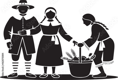 Pilgrims and Native American figures with harvest basket illustration thanksgiving colonial