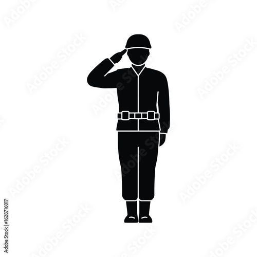 Silhouette of a soldier in uniform saluting isolated on white background