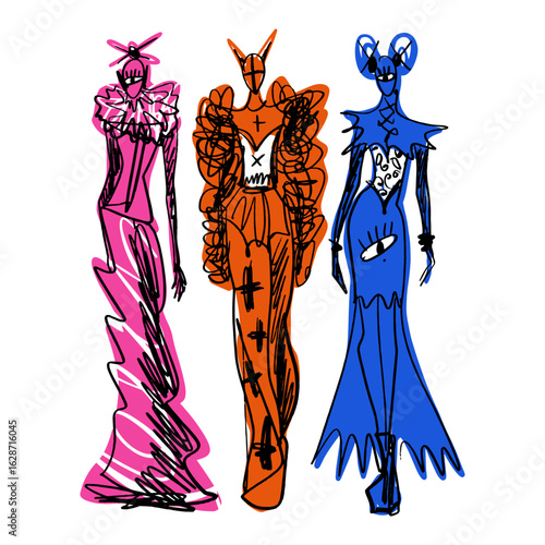 Fast Fashion Sketches Elegant Dress Silhouettes Hand Drawn Style Color Fashion Show Week Clipart