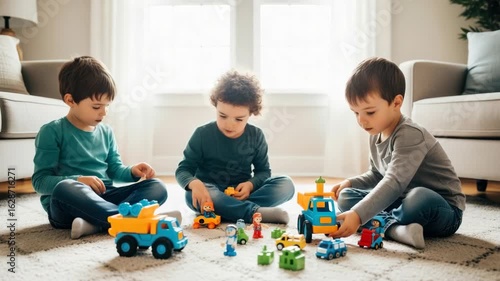 Three children engaged in creative play with colorful toy vehicles and figures on a soft rug in a bright living room fostering imagination and teamwork in a cozy environment