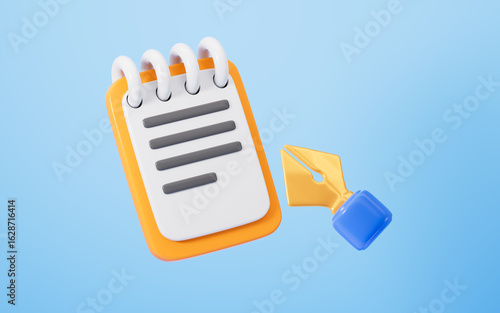Cartoon notepad, memo pa and pen, 3d rendering.