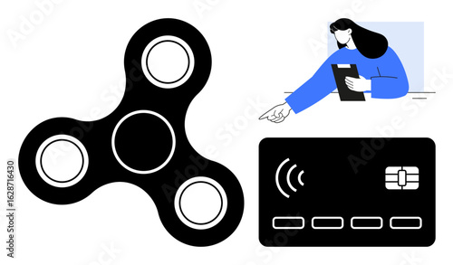 Modern woman working with a clipboard, black fidget spinner emphasizing focus, NFC-enabled credit card signifying financial transactions. Ideal for productivity, focus, finance, multitasking
