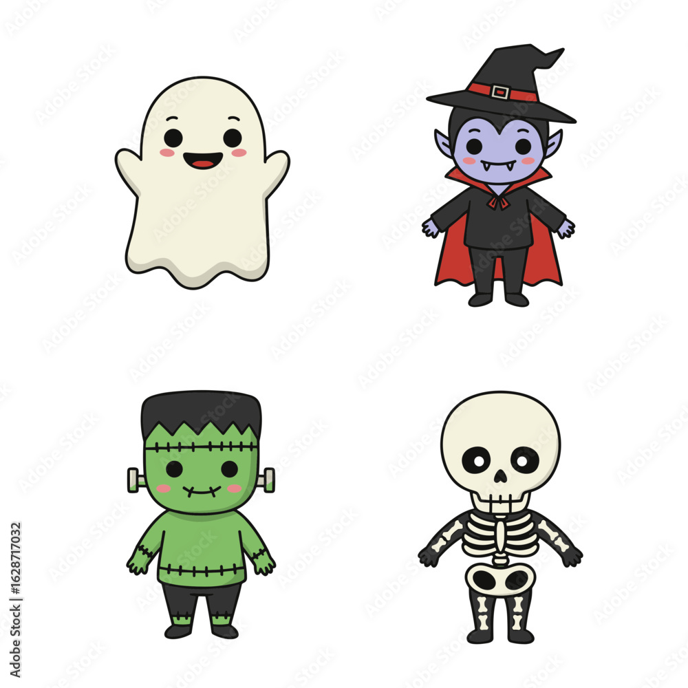 Cartoon halloween characters: ghost, vampire, frankenstein, and skeleton on transparent background Cartoon halloween characters: ghost, vampire, frankenstein, and skeleton on transparent background