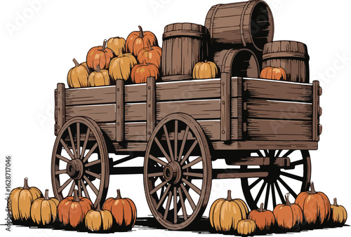 Wooden wagon filled with pumpkins and barrels on white background cart carriage