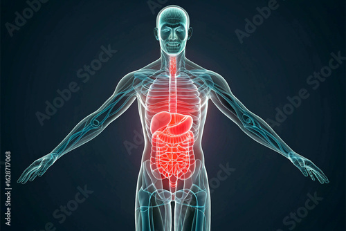 Human anatomy digestive system and circulatory system glowing