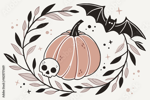 Halloween, Charming halloween illustration featuring cute ghosts playful bats festive pumpkins and a whimsical witch