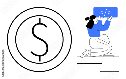 Large dollar symbol paired with a developer holding a coding panel. Highlights technology, finance, and innovation. Ideal for financial strategy, fintech, programming, startups, entrepreneurship