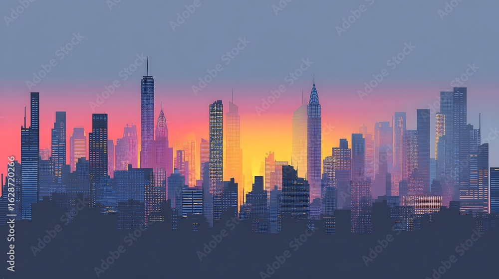 Fototapeta premium City Skyline at Sunset. Silhouette of skyscrapers during dusk. Great for backgrounds, editorial, and marketing materials.