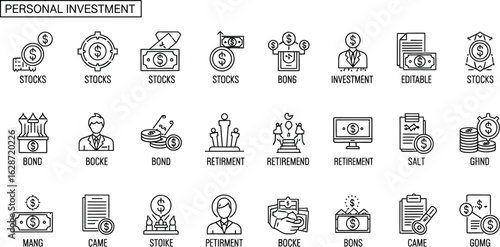 A collection of personal investment icons representing stocks and bonds