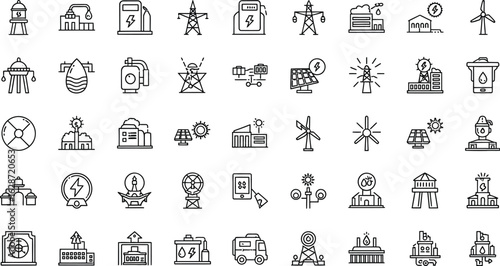 Line art illustration showcasing various energy and water sources icons