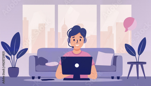 Man smiling during video conference in minimalist living room, remote work
