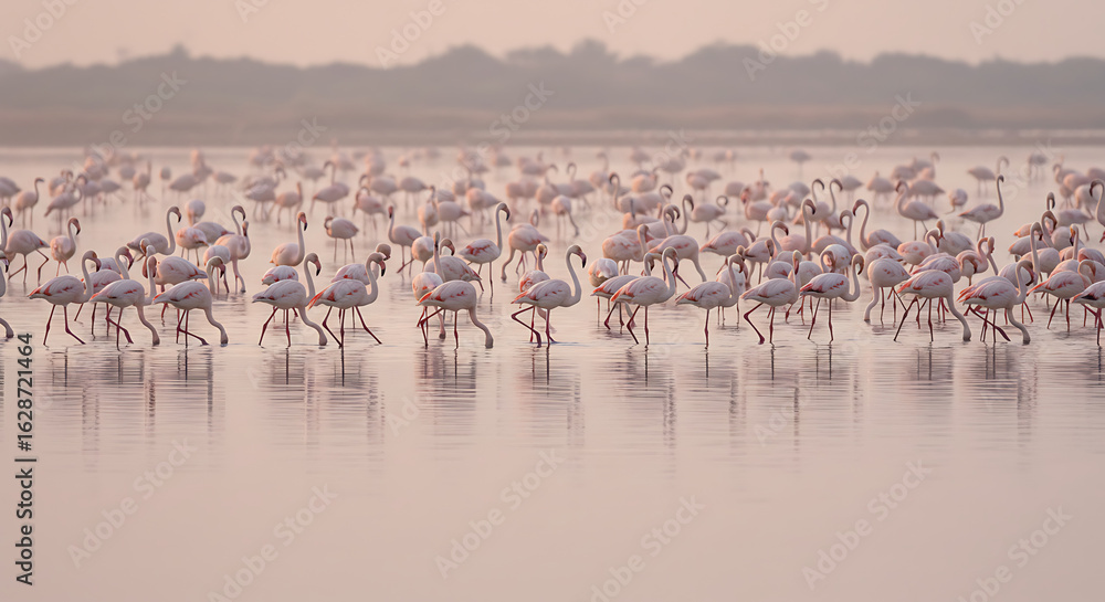 Fototapeta premium Capture a flock of flamingos feeding in shallow waters, heads bent down, creating reflections. Use soft morning or evening light for pastel tones.