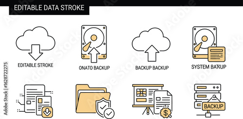 Illustration of data backup and storage icons with editable strokes