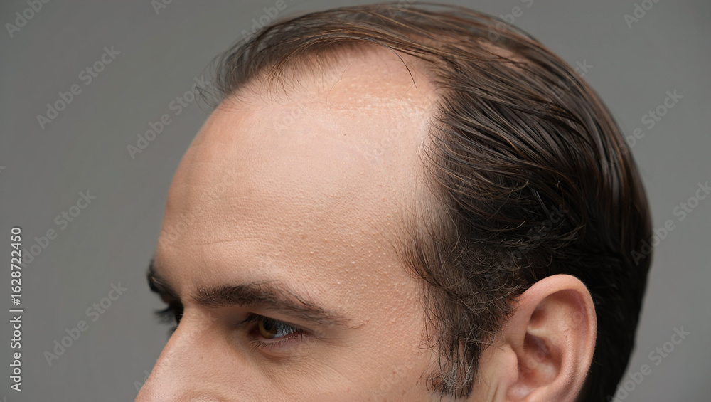 Fototapeta premium middle aged man looking at his bald head in the mirror, man's bald head