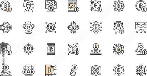 Various bitcoin themed icons arranged on a white background surface