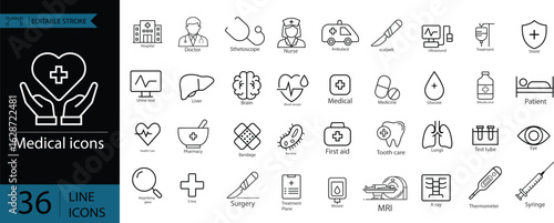 Healthcare and Medical Professionals Icon Set – Includes Doctors, Nurses, Hospital Equipment, Pharmacy Symbols, Emergency Services, and Diagnostic Tools in Vector Style.