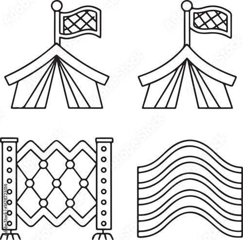 Isolated black festival tent icon, flat design with flag at top and wave-pattern fabric, traditional Oktoberfest pavilion symbol for fair, beer garden, music or large cultural celebration illustration